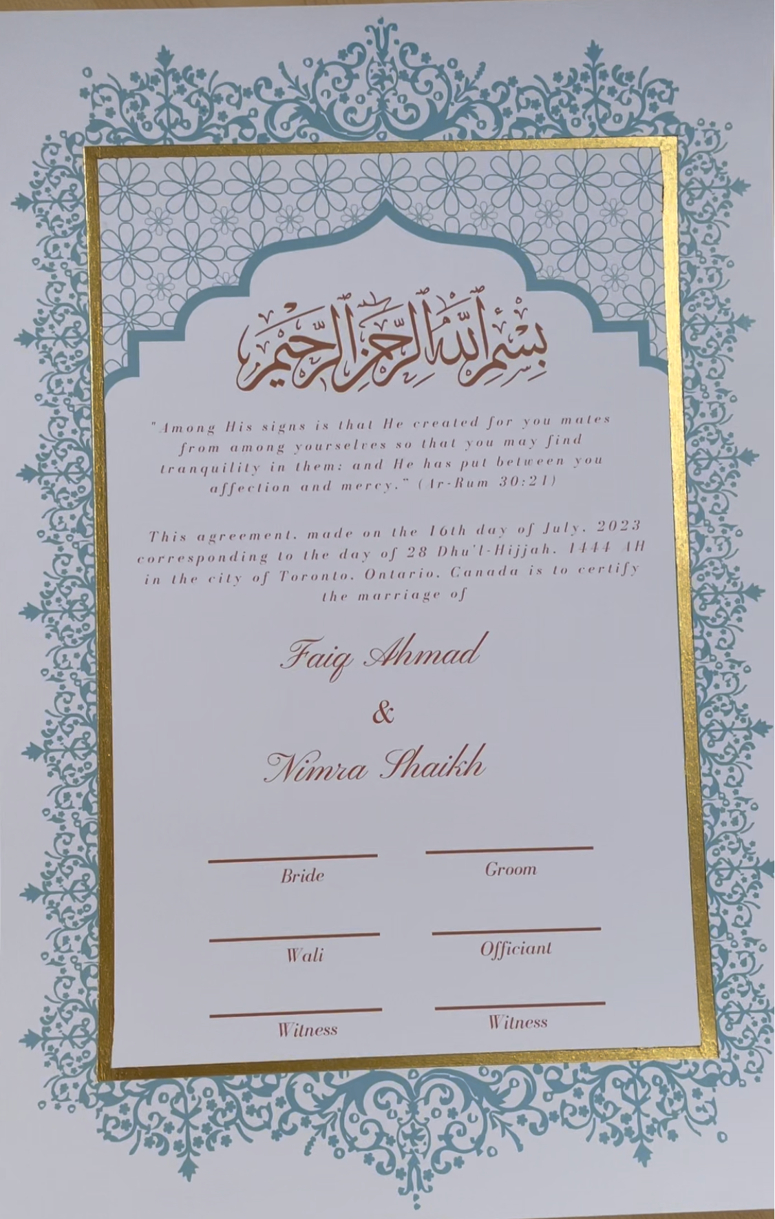 Aafreen Nikah Certificate: Powder Blue with Gold Embelishments