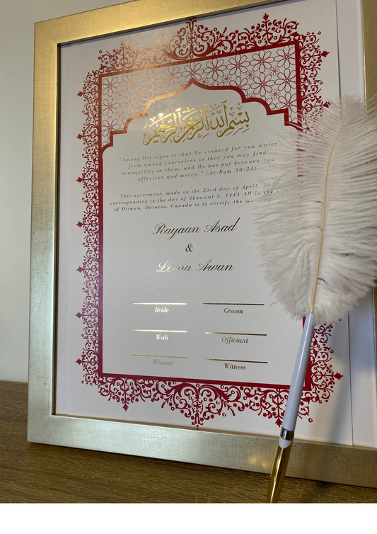 Red Aafreen Nikah Certificate: Gold Foil Embellished