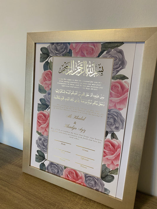 Pink Rose Nikah Certificate: Gold Foil Embellished