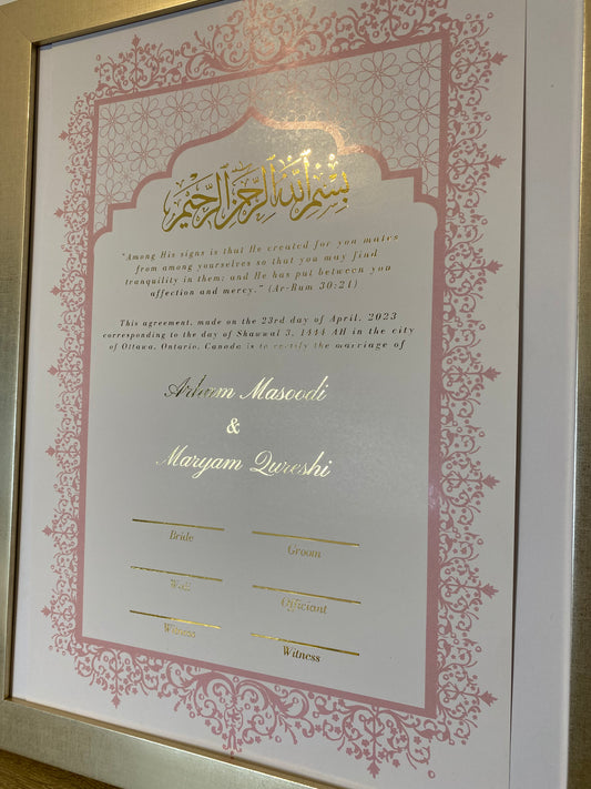 Pink Aafreen Nikah Certificate: Gold Foil Embellished