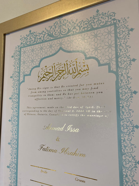 Blue Aafreen Nikah Certificate: Gold Foil Embellished