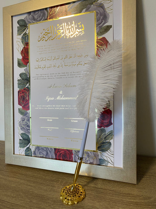 Red Rose Nikah Certificate: Gold Foil Embellished