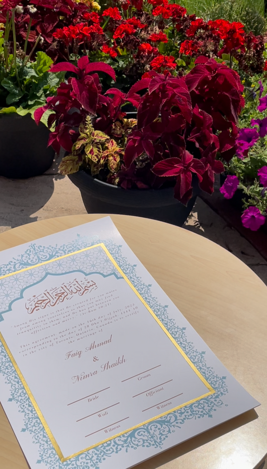 Aafreen Nikah Certificate: Powder Blue with Gold Embelishments